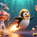 Experience excitement at fly88 with a golden penguin blasting towards a vibrant casino space station.
