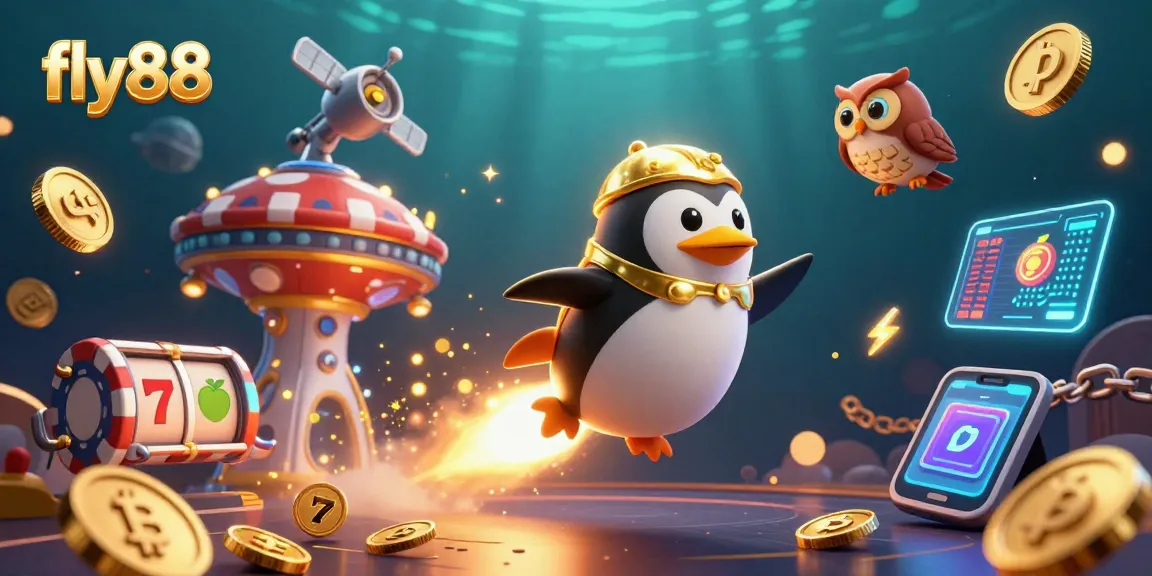 Experience excitement at fly88 with a golden penguin blasting towards a vibrant casino space station.