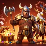 Experience betbdtt's thrilling casino world with Viking characters amidst treasure and vibrant game elements.