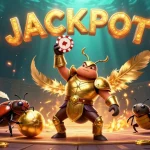 Experience the excitement of vsbet as the victorious beetles celebrate with jackpot wins amidst a vibrant casino backdrop.
