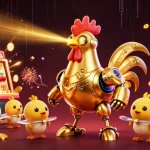 Cakhiatv's animated golden rooster robot leads baby chick drones through a vibrant casino-themed explosion