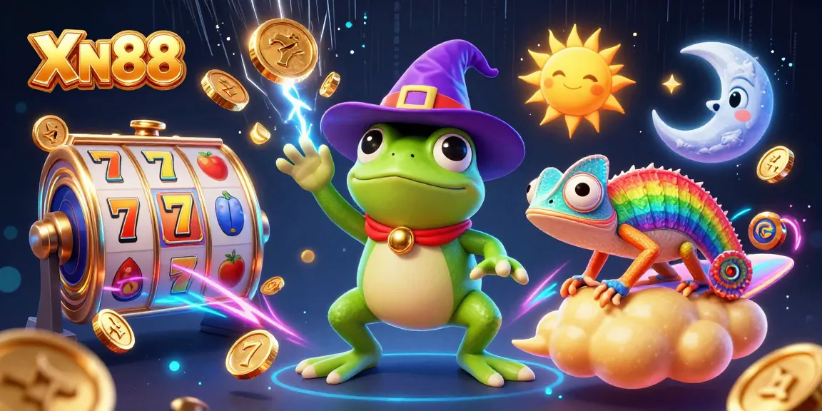 Experience the excitement of XN88 with a vibrant, dynamic casino illustration featuring a magical frog and chameleon.