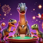 Engage with Lucky88's thrilling gaming scene featuring a towering brontosaurus and clever raptor amidst vibrant casino elements.