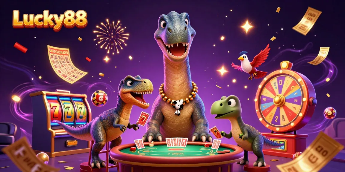 Engage with Lucky88's thrilling gaming scene featuring a towering brontosaurus and clever raptor amidst vibrant casino elements.