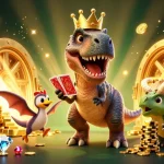 Engage in action with FIVE88's thrilling atmosphere as a T-Rex shuffles cards with golden light around.