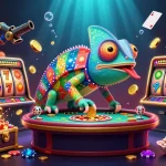 Experience Luck8 with vibrant casino action as a chameleon owner dazzles with slot reels and riches.