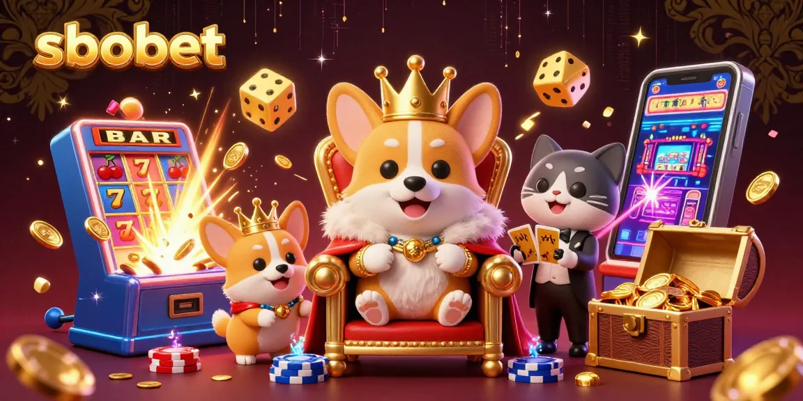 SBOBET-themed 3D illustration depicting a royal corgi with a crown, gaming elements, and excitement of casino action.