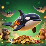Experience thrilling gaming at HM88 with a cartoon whale jumping over treasure in this vibrant scene.
