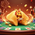 CWIN celebrates winning strategies with a vibrant casino scene showcasing a golden fortune cookie dragon, poker elements, and a festive atmosphere.