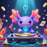 dabet spins golden slot reels while axolotl DJ entertains with colorful casino elements