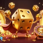 Kuwin promotes excitement with a 3D golden dice golem juggling smaller dice in a lively casino scene.