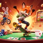 Wortel21's lively scene showcases an energetic fox and rabbit in a casino environment with vibrant slot elements.