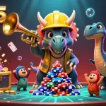 GA65 players celebrate a winning moment with cartoon mascots amid colorful poker chips and vibrant gaming elements.