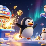 Experience tai iwin excitement with a golden penguin racing towards a jackpot at a vibrant casino.