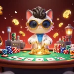 Engaging scene with 88vbet, where a mad scientist cat and dog create a gold replication machine amidst poker excitement.