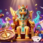 Engage with BL555’s thrilling casino adventure featuring an Egyptian pharaoh cat and vibrant game elements.