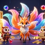 Win big at vipwin as a vibrant nine-tailed fox spirit unveils treasures and fortune in this casino-themed illustration.