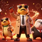 S8 raptors in a trench coat enter VIP casino, surrounded by golden elements and festive decorations