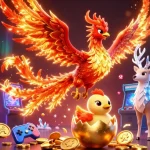Play thrilling games at Jun88 with a stunning phoenix and dynamic casino elements in a vibrant illustration.