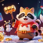 x88 casino illustration featuring a cheerful tanuki with a golden mallet and cryptocurrency elements.