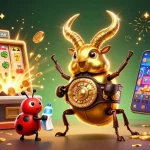 Celebrities in the vibrant world of 88VV, featuring a golden stag beetle champion amidst slot machines and treasures.