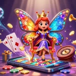 Immerse in the vibrant world of 789p with this dynamic 3D illustration showcasing a colorful casino scene featuring a butterfly queen and her caterpillar servants.