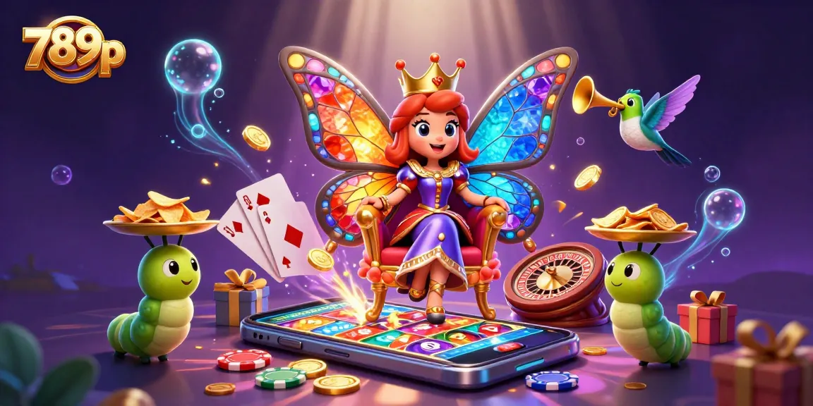 Immerse in the vibrant world of 789p with this dynamic 3D illustration showcasing a colorful casino scene featuring a butterfly queen and her caterpillar servants.