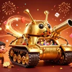 Experience thrills at 58win's lively casino with a golden beetle tank celebrating wins!