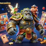 Play slots at australianonlinecasino with dynamic slot reels, a 3D cartoon golem guardian, and magical fairy.