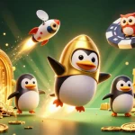 Experience LUCKY88's vibrant casino adventure with a golden penguin soaring through a treasure-filled galaxy.