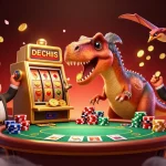 Fabet casino illustration of a pachycephalosaurus winning jackpot coins with a golden slot machine.