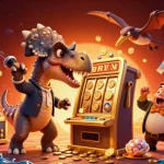 DEBET jackpot action illustration showing a pachycephalosaurus hitting a slot machine for coins amidst a lively casino scene.