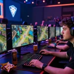 ฉากการแข่งขันเกมที่เข้มข้นในอารีน่า esports โดยมีผู้เล่น pro เล่นเกม playme8.