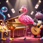 Experience the vibrant atmosphere of 88aa1 with our lively casino scene featuring a flamingo singer and hippo bassist.