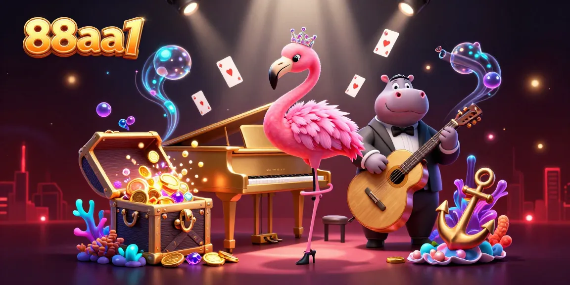 Experience the vibrant atmosphere of 88aa1 with our lively casino scene featuring a flamingo singer and hippo bassist.