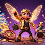Experience the thrill of nk88ok with a vibrant illustration of a rock star and casino elements.