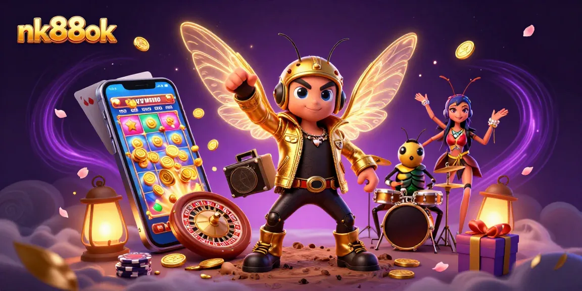 Experience the thrill of nk88ok with a vibrant illustration of a rock star and casino elements.
