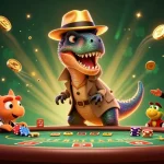 Experience excitement at We1Win with a vibrant 3D illustration of a velociraptor card counter at a blackjack table surrounded by stunning casino elements.