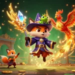 Experience thrilling gambling with sunwinn under a mystical wizard fox and phoenix in an enchanted scene.