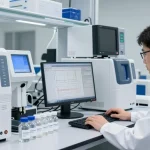 Aegean Labs Peptide testing in a high-precision laboratory with HPLC chromatograms and advanced analytical equipment.
