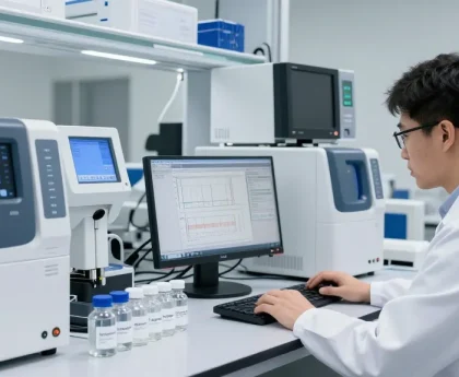 Aegean Labs Peptide testing in a high-precision laboratory with HPLC chromatograms and advanced analytical equipment.
