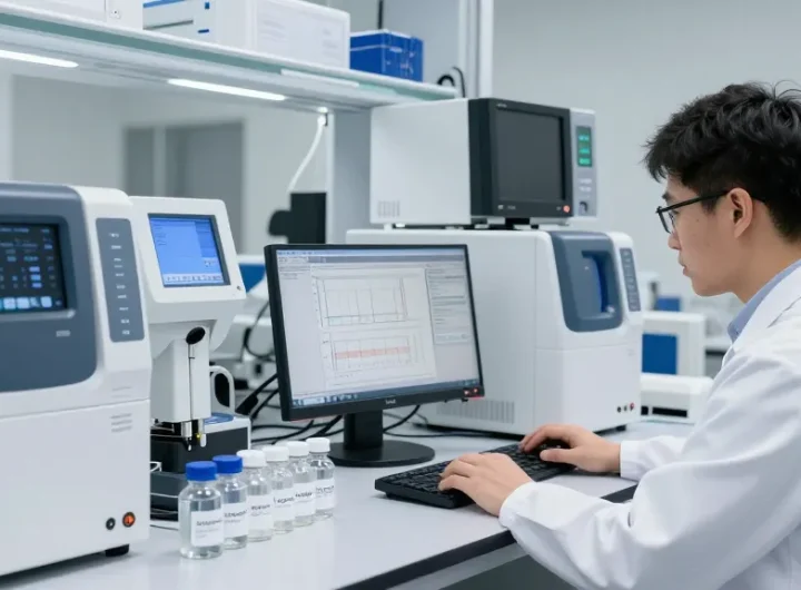 Aegean Labs Peptide testing in a high-precision laboratory with HPLC chromatograms and advanced analytical equipment.