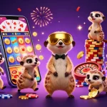 Experience vibrant gaming excitement with V8AB's cartoon meerkat casino operation filled with slot games and colorful elements.