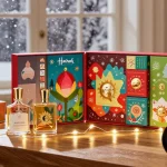Advent calendar Harrods displayed in a festive setting with luxury fragrance bottles and holiday decorations.
