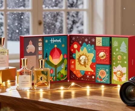 Advent calendar Harrods displayed in a festive setting with luxury fragrance bottles and holiday decorations.
