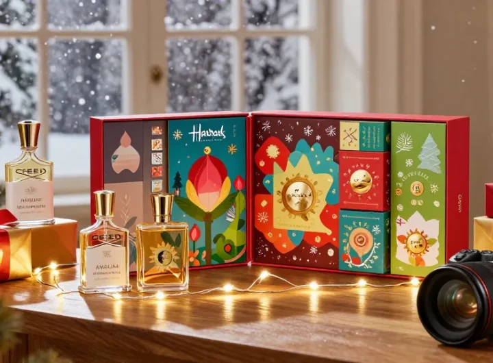 Advent calendar Harrods displayed in a festive setting with luxury fragrance bottles and holiday decorations.