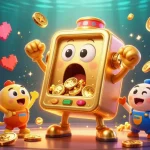 Experience the excitement with 68win's animated golden slot machine celebrating jackpots amidst dynamic gaming elements.