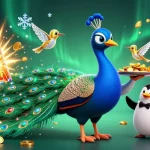 KUBET excitement with a vibrant depiction of a peacock, a penguin butler, and a hummingbird in a rich 3D casino scene.
