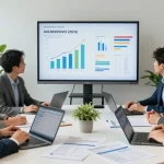 Business energy comparison UK meeting with professionals analyzing quotes and data in a modern office.