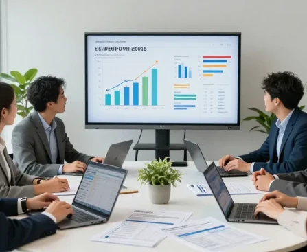 Business energy comparison UK meeting with professionals analyzing quotes and data in a modern office.